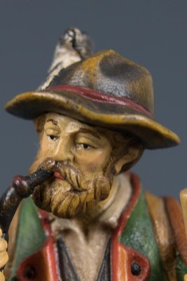 Hand Carved and Hand Painted Wooden Sculpture of a Hunter with Dog-KEG-1086461