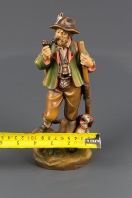 Hand Carved and Hand Painted Wooden Sculpture of a Hunter with Dog-KEG-1086461