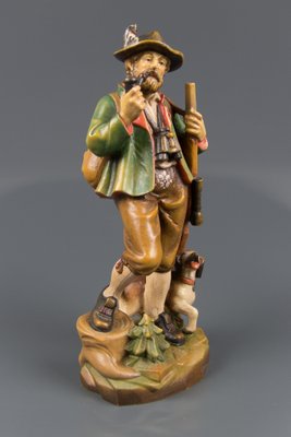 Hand Carved and Hand Painted Wooden Sculpture of a Hunter with Dog-KEG-1086461