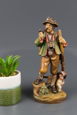 Hand Carved and Hand Painted Wooden Sculpture of a Hunter with Dog-KEG-1086461