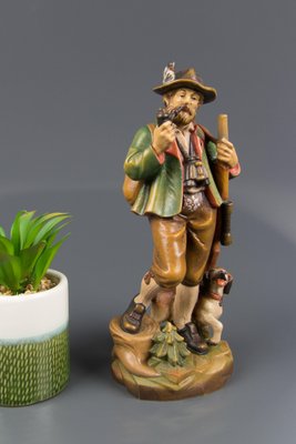 Hand Carved and Hand Painted Wooden Sculpture of a Hunter with Dog-KEG-1086461