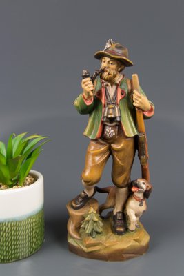 Hand Carved and Hand Painted Wooden Sculpture of a Hunter with Dog-KEG-1086461