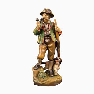 Hand Carved and Hand Painted Wooden Sculpture of a Hunter with Dog-KEG-1086461