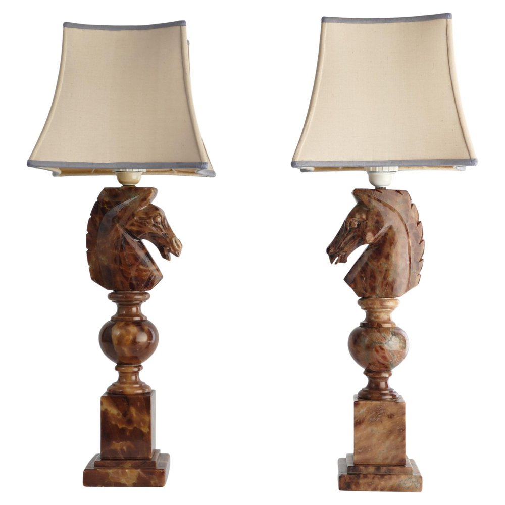 Hand-Carved Brown Alabaster Knight Horse Head Table Lamps, 1970s, Set of 2