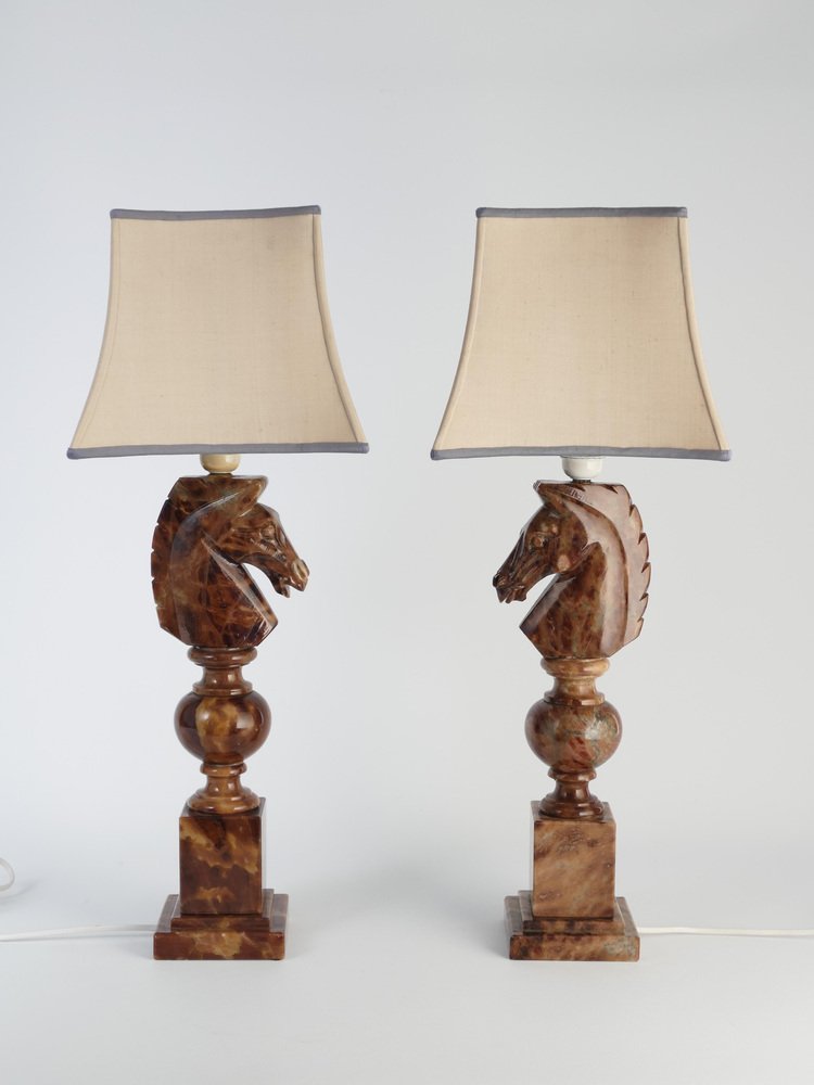 Hand-Carved Brown Alabaster Knight Horse Head Table Lamps, 1970s, Set of 2