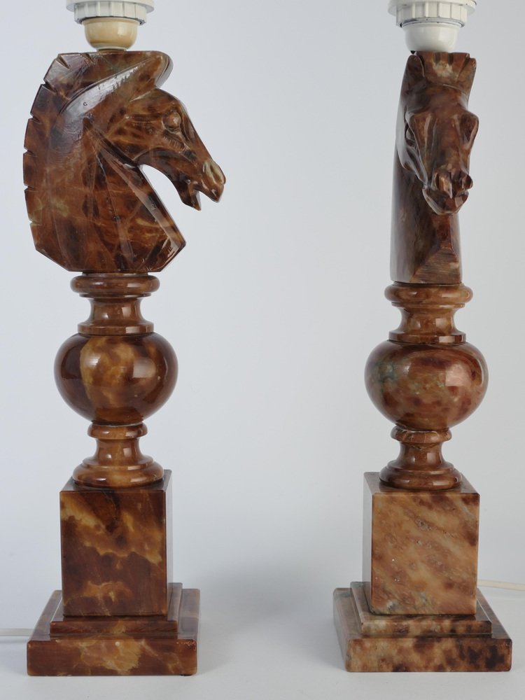 Hand-Carved Brown Alabaster Knight Horse Head Table Lamps, 1970s, Set of 2