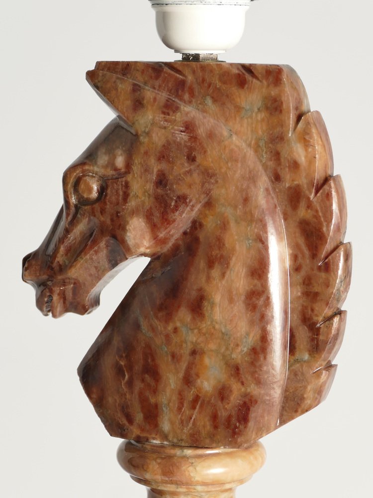 Hand-Carved Brown Alabaster Knight Horse Head Table Lamps, 1970s, Set of 2