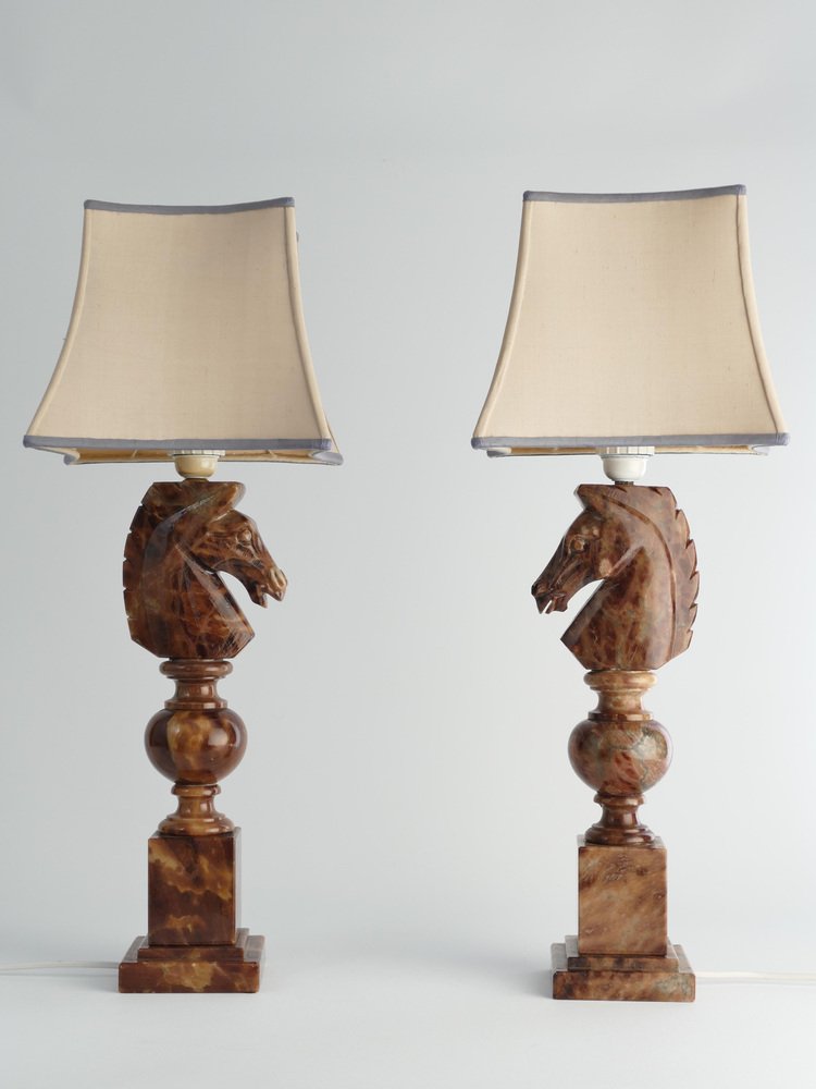 Hand-Carved Brown Alabaster Knight Horse Head Table Lamps, 1970s, Set of 2