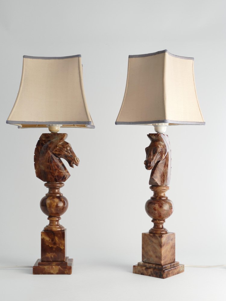 Hand-Carved Brown Alabaster Knight Horse Head Table Lamps, 1970s, Set of 2