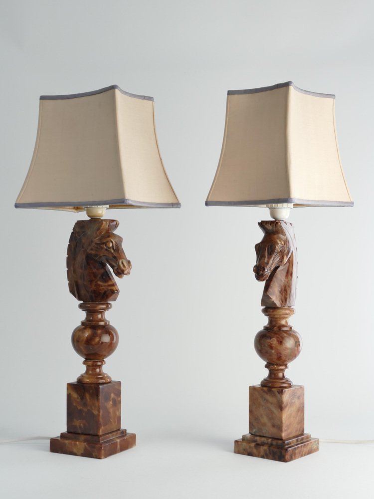 Hand-Carved Brown Alabaster Knight Horse Head Table Lamps, 1970s, Set of 2