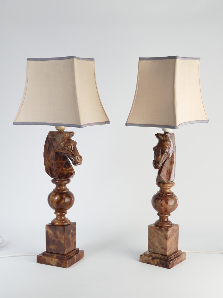 Hand-Carved Brown Alabaster Knight Horse Head Table Lamps, 1970s, Set of 2