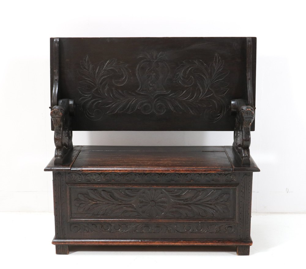 Hand-Carved Oak Monks Bench, 1900s