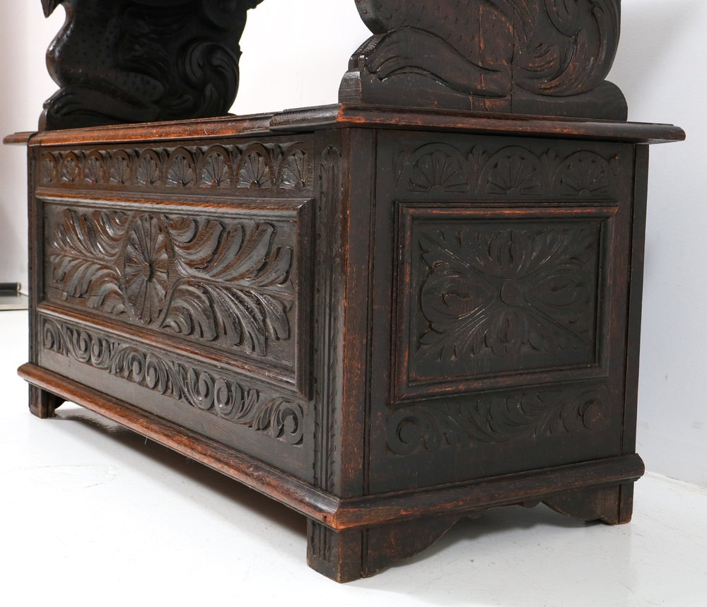 Hand-Carved Oak Monks Bench, 1900s