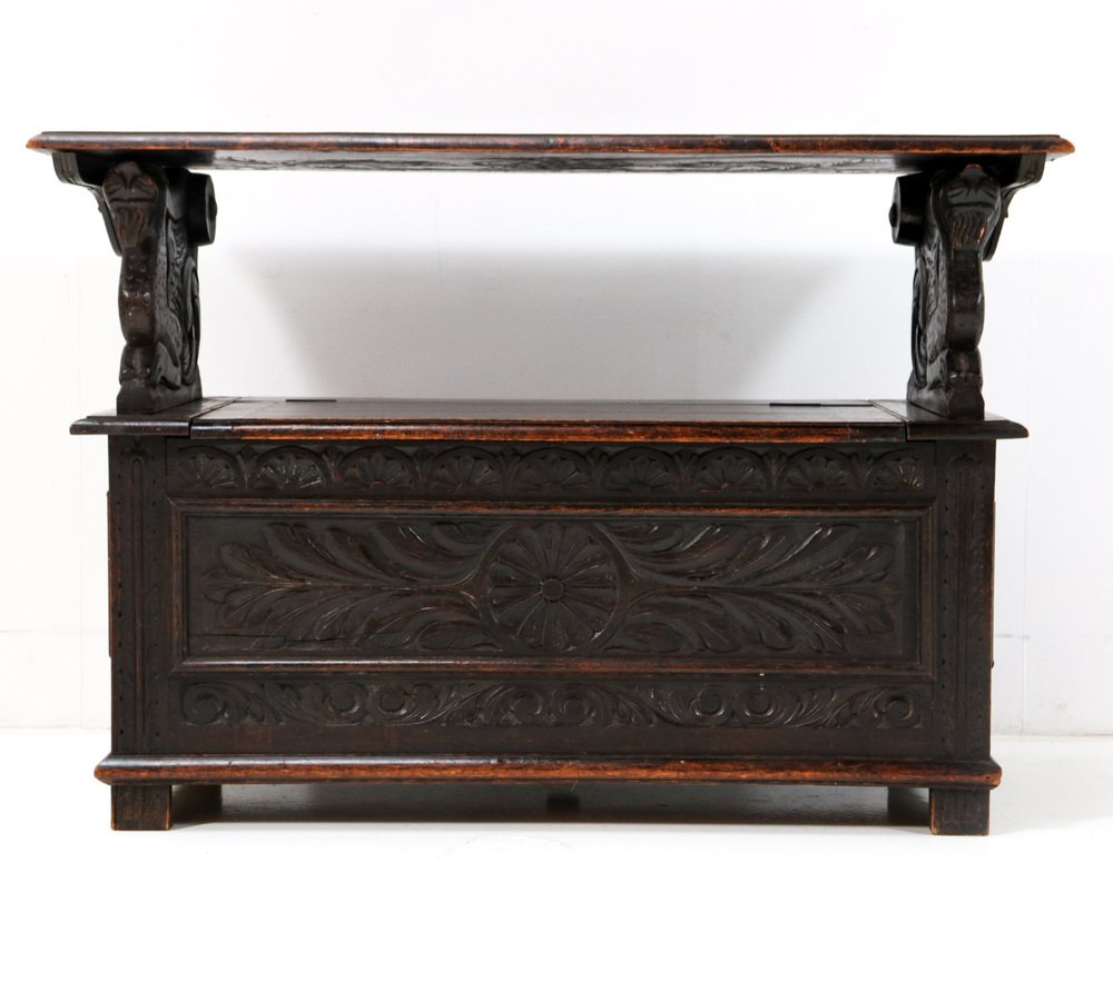 Hand-Carved Oak Monks Bench, 1900s