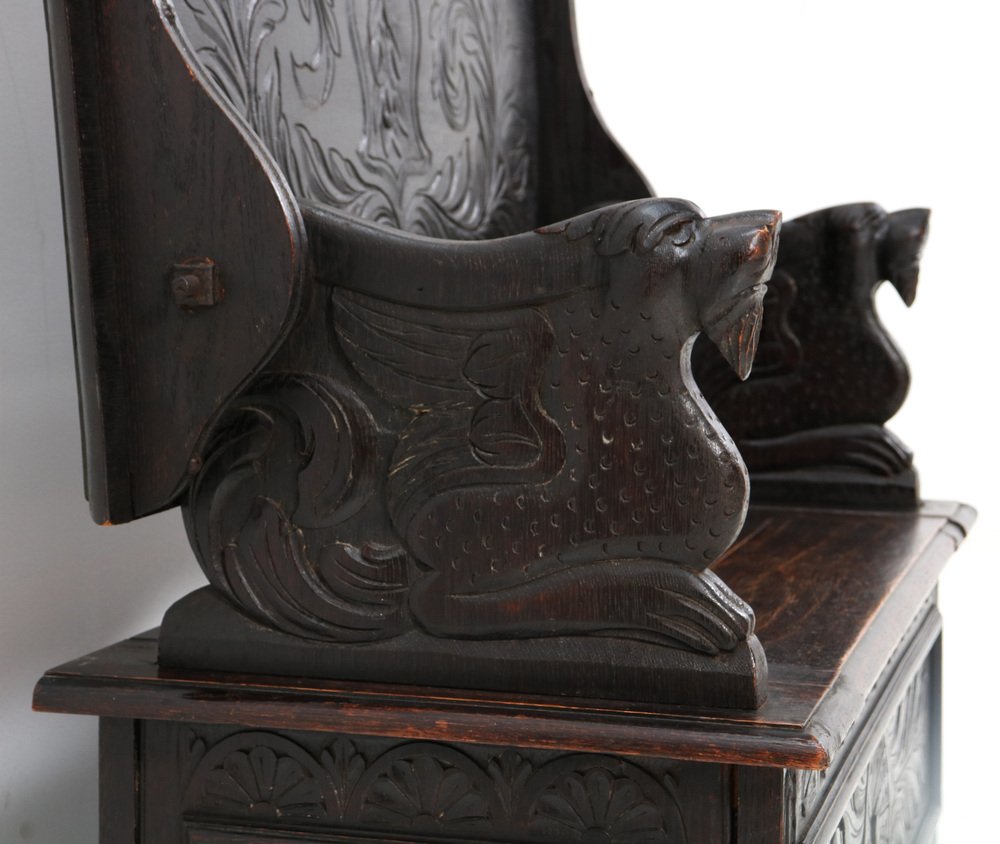 Hand-Carved Oak Monks Bench, 1900s