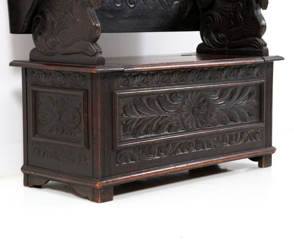 Hand-Carved Oak Monks Bench, 1900s