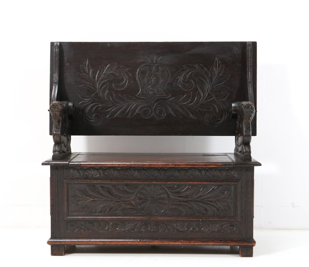 Hand-Carved Oak Monks Bench, 1900s