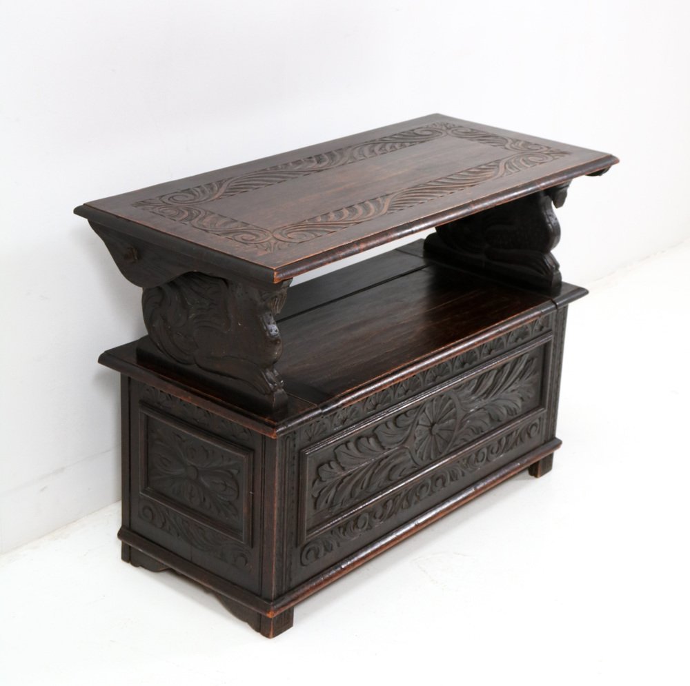 Hand-Carved Oak Monks Bench, 1900s