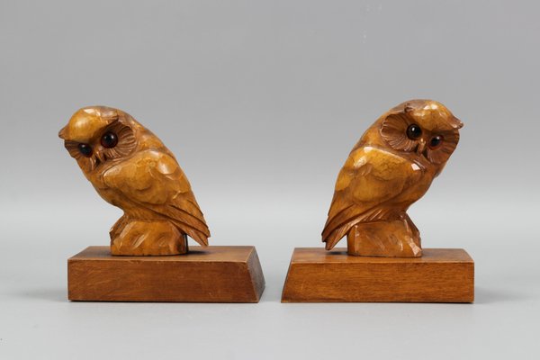 Hand Carved Owl Wooden Bookends, Germany, 1930s, Set of 2-KEG-1368827