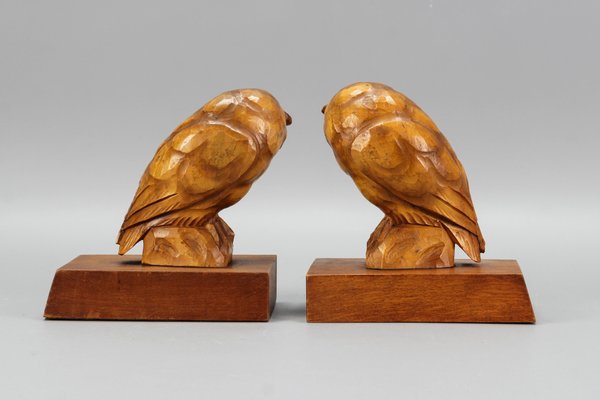 Hand Carved Owl Wooden Bookends, Germany, 1930s, Set of 2-KEG-1368827