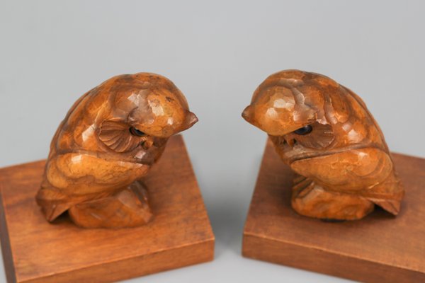 Hand Carved Owl Wooden Bookends, Germany, 1930s, Set of 2-KEG-1368827