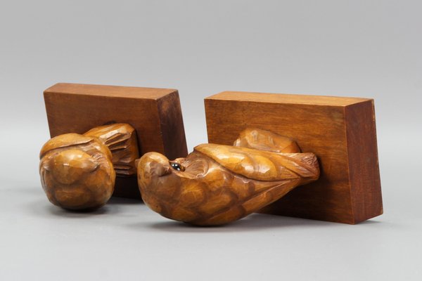 Hand Carved Owl Wooden Bookends, Germany, 1930s, Set of 2-KEG-1368827