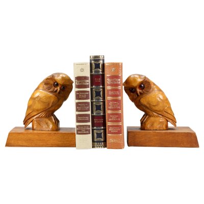 Hand Carved Owl Wooden Bookends, Germany, 1930s, Set of 2-KEG-1368827