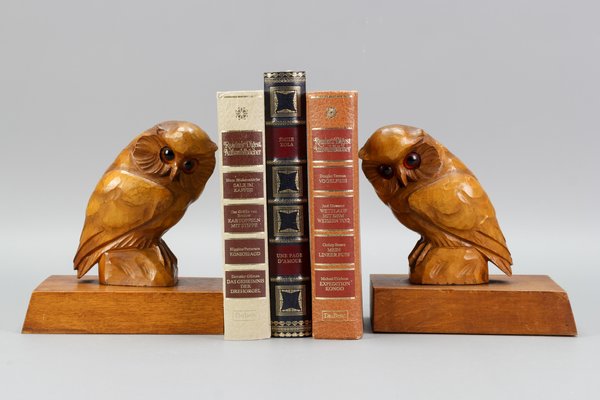 Hand Carved Owl Wooden Bookends, Germany, 1930s, Set of 2-KEG-1368827