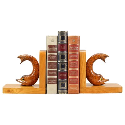 Hand Carved Sturgeons Wooden Bookends, Germany, 1970s, Set of 2-KEG-1369947