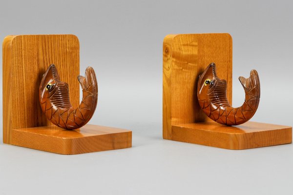 Hand Carved Sturgeons Wooden Bookends, Germany, 1970s, Set of 2-KEG-1369947