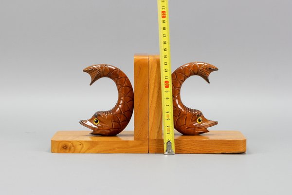 Hand Carved Sturgeons Wooden Bookends, Germany, 1970s, Set of 2-KEG-1369947