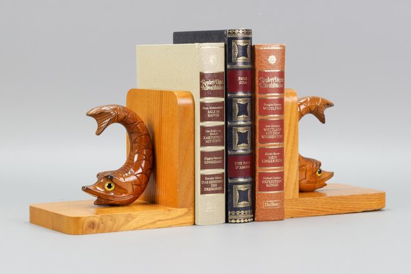 Hand Carved Sturgeons Wooden Bookends, Germany, 1970s, Set of 2-KEG-1369947