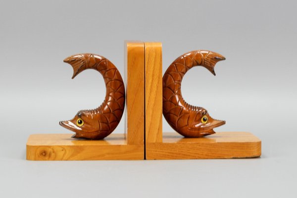 Hand Carved Sturgeons Wooden Bookends, Germany, 1970s, Set of 2-KEG-1369947