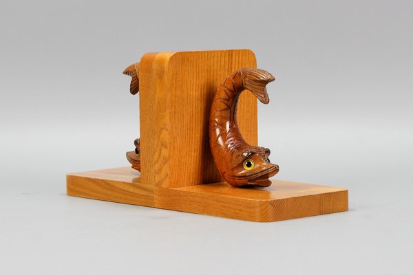 Hand Carved Sturgeons Wooden Bookends, Germany, 1970s, Set of 2-KEG-1369947