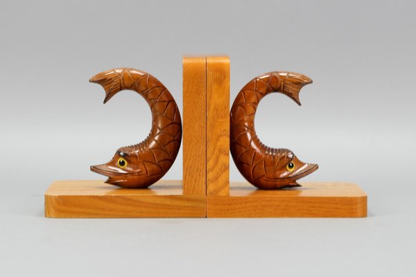 Hand Carved Sturgeons Wooden Bookends, Germany, 1970s, Set of 2-KEG-1369947