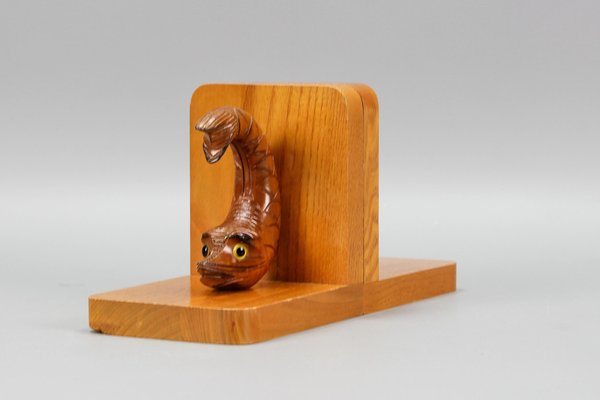 Hand Carved Sturgeons Wooden Bookends, Germany, 1970s, Set of 2-KEG-1369947