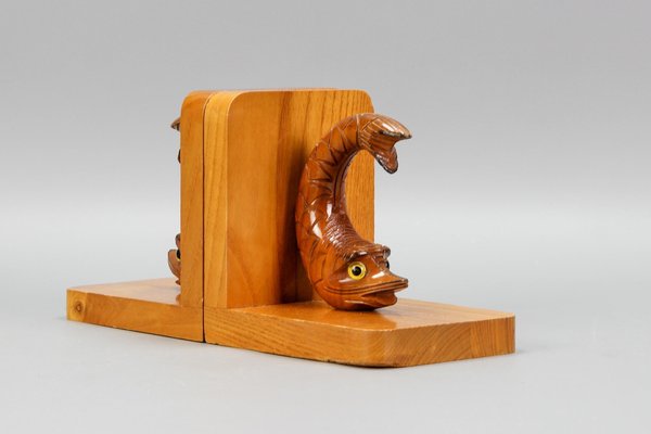 Hand Carved Sturgeons Wooden Bookends, Germany, 1970s, Set of 2-KEG-1369947