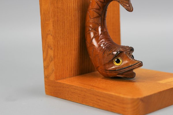 Hand Carved Sturgeons Wooden Bookends, Germany, 1970s, Set of 2-KEG-1369947