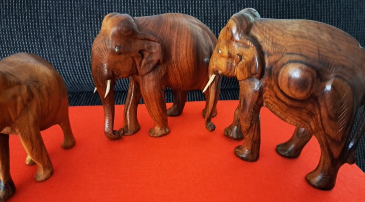 Hand-Carved Wooden Elephants, 1960s, Set of 3-ZYI-1739780