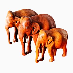 Hand-Carved Wooden Elephants, 1960s, Set of 3-ZYI-1739780