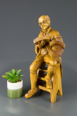 Hand Carved Wooden Figurative Sculpture of a Professor with Books-KEG-1086457