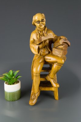 Hand Carved Wooden Figurative Sculpture of a Professor with Books-KEG-1086457