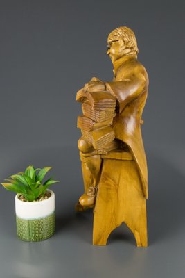 Hand Carved Wooden Figurative Sculpture of a Professor with Books-KEG-1086457