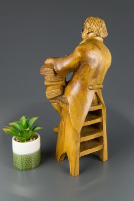 Hand Carved Wooden Figurative Sculpture of a Professor with Books-KEG-1086457