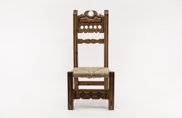 Hand Carved Wooden High Back Chair with Sea Grass Seat, Spain, 1960s-KQB-1435965