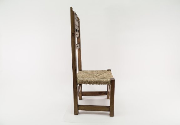 Hand Carved Wooden High Back Chair with Sea Grass Seat, Spain, 1960s-KQB-1435965