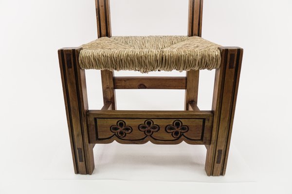 Hand Carved Wooden High Back Chair with Sea Grass Seat, Spain, 1960s-KQB-1435965