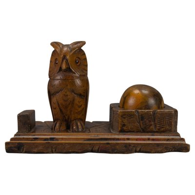 Hand-Carved Wooden Inkwell or Pen Stand with Owl Figure, 1920s-KEG-1773789