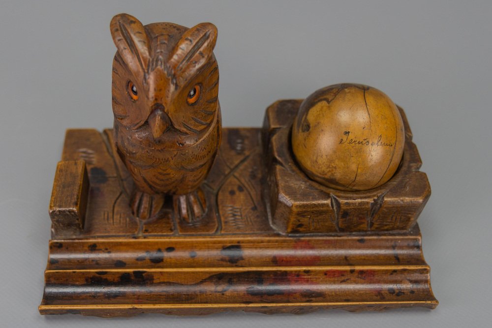 Hand-Carved Wooden Inkwell or Pen Stand with Owl Figure, 1920s