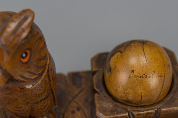 Hand-Carved Wooden Inkwell or Pen Stand with Owl Figure, 1920s-KEG-1773789